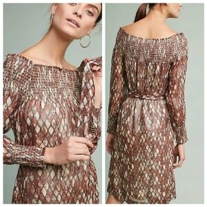 Anthropologie Intropia Anise Smocked Gold Metallic Dress Size‎ 12 New